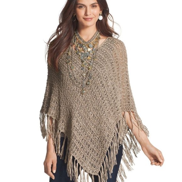 Chico's Sweaters - Chico’s Francis Fringe Open Knit Poncho One Sz Tan